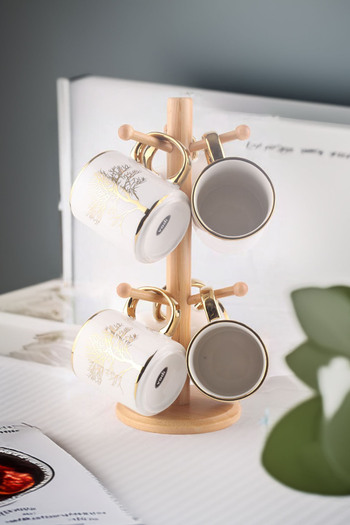 Vadi Autumn Gold Patterned - Life Tree 6-Piece Mug Set with Bamboo Stand