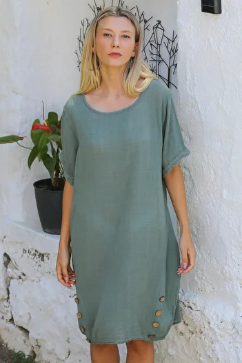 Chiccy KHaki Boat Neck ButtoneD Short Sleeve Cotton Dress - Italian Woven Casual