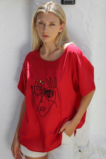 Chiccy Pool Collar Short Sleeve Embroidered Red Cotton Casual Blouse