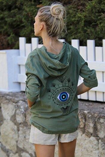 Chiccy KHaki Embroidered Hooded long Sleeve Cotton Jacket