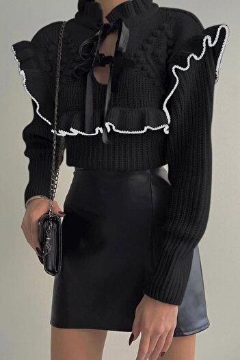 hillswomanstore Pulover din tricot Thessaloniki, negru, cu volane