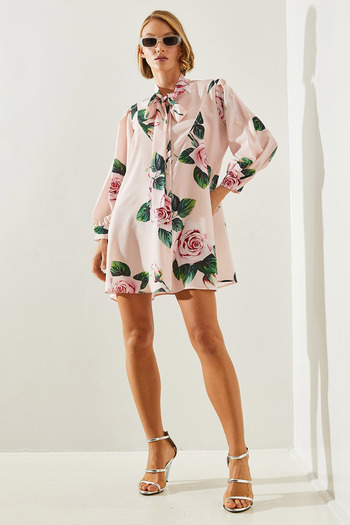Bianco Lucci Scarf Collar Floral Patterned Women's Shirt Dress - 21486 60251708