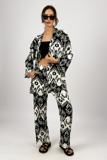 Betimoda Loose Fabric Lycra Women's Palazzo Trousers - 2-Piece Bottom-Top Set, Wrap Pattern, Black Buta