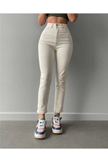 MAKRAS EXCLUSIVE Blugi Mom Crem Lycra Talie Înaltă Pantaloni Mom Jeans Crem Extra Stretch