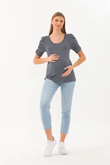 MEGHAN L.A Striped Maternity & Maternity Sleeve Drawstring Blouse