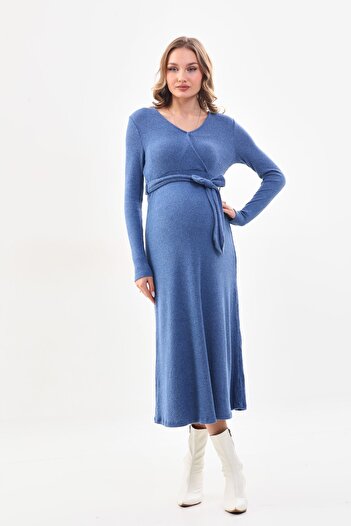 MEGHAN L.A Rochie înfășurată din țesătură moale de maternitate albastră