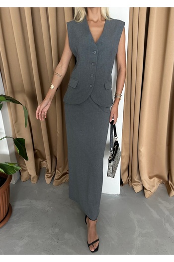Laluvia Poliviskon Anthracite vest and Pencil Skirt Set - with Pockets and Slits