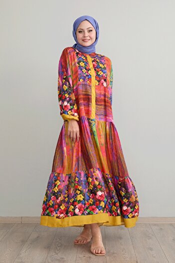 InStyle Mustard Colored Abstract Floral Pattern Viscose Dress