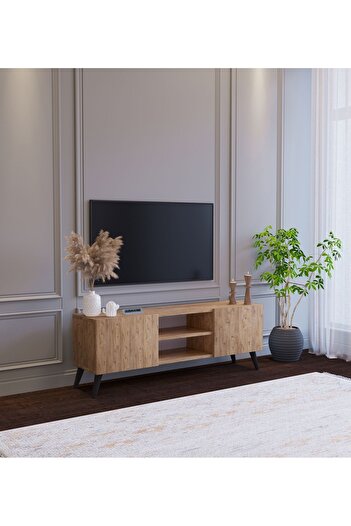 subahome Ahşap Görünümlü Mdf 2 Kapaklı Raflı Tv Ünitesi 120 X 30 X 45 Modern Ve Fonksiyonel Tasarım