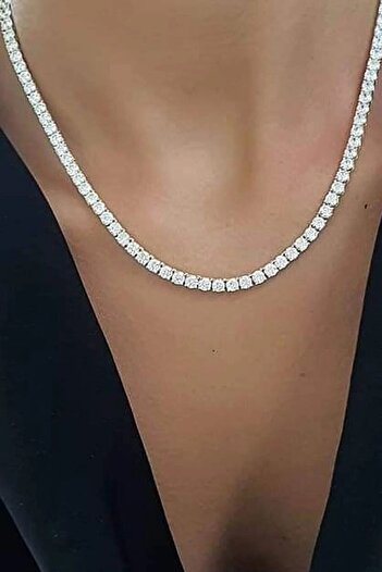 axexuar Gümüş Renk Özel Zirkon Taşlı Kare Kesim Su Yolu Kararmaz Parlak Çelik Kolye
