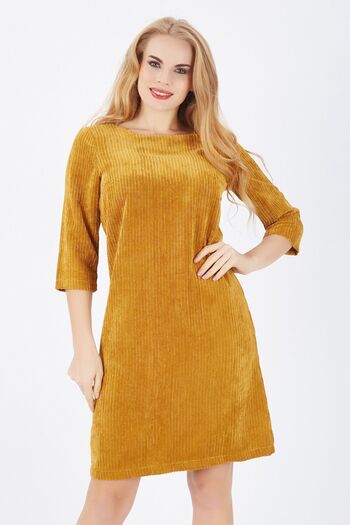 Sense Back 40 Cm Hidden Zippered Three Quarter Sleeve Velvet Dress| Elb32565 Mustard