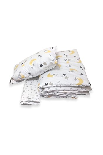 Bebek Özel Montessori 120x200 Sleeping Set - 100% Cotton, Yellow Moon Gray Star, 7 Pieces
