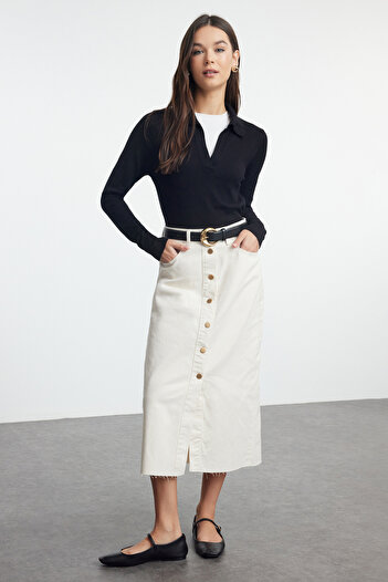 Trendyol Collection Detailní džínová sukně s vysokým pasem Ecru Button TWOSS23ET00359