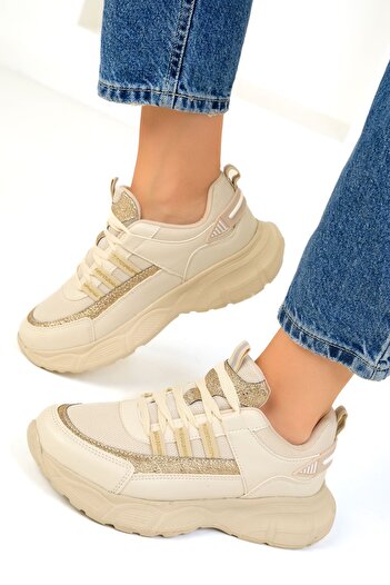SOHO Beige and Gold Detailed Women's Sneakers - 19440