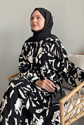 InStyle Black Viscose Dress - Loose and Half Buttoned