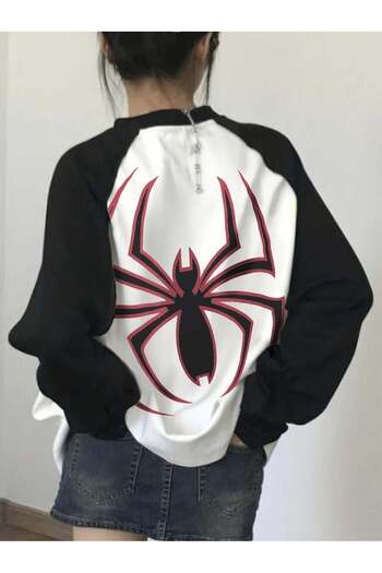 Touz Moda WhiTe VinTage Raglan Long Sleeve Spider PrinTed T-Shirt