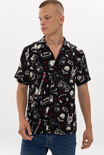 S-Ponder Men's Skull Patterned Viscose Short Sleeve Rock'N Roll Shirt