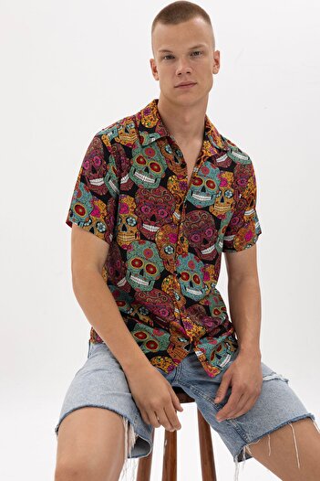 S-Ponder Men's Mexican Kurufaka Print 100% Viscose Short Sleeve Shirt