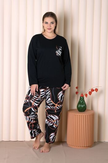 MyBen Large Size Black Colored Chain Patterned Pocket Long Sleeve Battal Pajama Set B-5