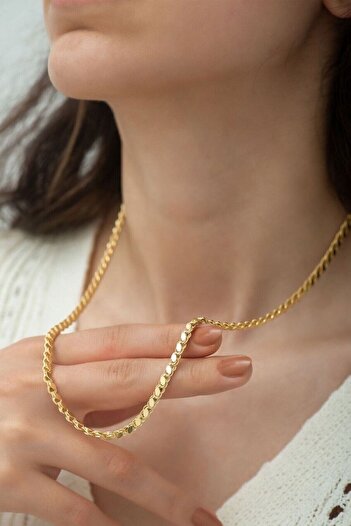 Owentis Çelik Gold Kuyumcu Model Pullu Arpa Zincir Kolye 65 cm -kararma yapmaz-