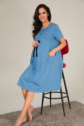MyBen Blue Maternity Nightgown Combed Cotton Fabric Lycra Lace Tunic Kry100