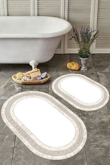 YTR HOME Αντιολισθητική βάση, πλενόμενη σκόνη, ανθεκτική σε λεκέδες, σετ 2 τεμαχίων, οβάλ χαλάκι μπάνιου