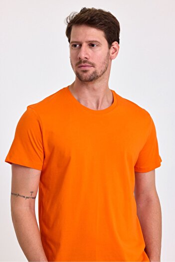 COMBİNE MİCHAİL Men's Slim Fit Crew Neck Basic T-Shirt - 100% Cotton ORANGE