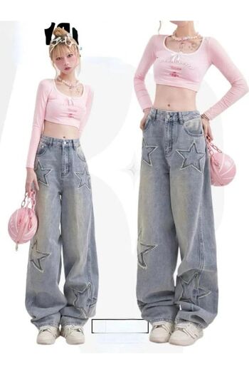 Touz Moda Y2k Stars Patch Деталі Сині штани з вимитим ефектом