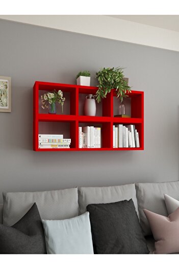Dekormer Design Duvar Rafı Kitaplık Yatay Dikey Takım Kırmızı