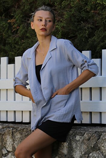 Chiccy Gray Muslin Woven Casual Jacket with Long Sleeves and Pockets