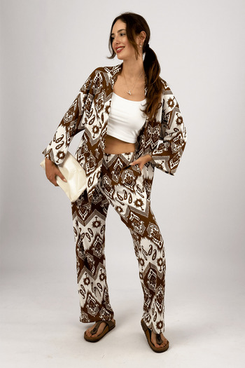 Betimoda Brown Lycra 2-Piece Bottom-Top Set - Loose Wide-Leg Palazzo Trousers and Wrinkled Fabric Summer