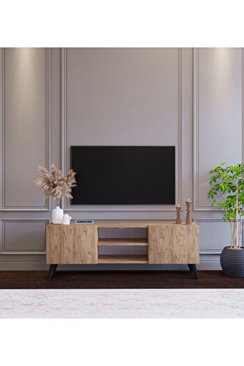 subahome Ahşap Görünümlü Mdf 2 Kapaklı Raflı Tv Ünitesi 120 X 30 X 45 Modern Ve Fonksiyonel Tasarım