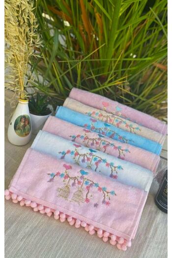 AYHANHOME Pompom Lattice Embroidered Velvet 6 Pieces 50x90 Velvet Hand And Face Towel Set