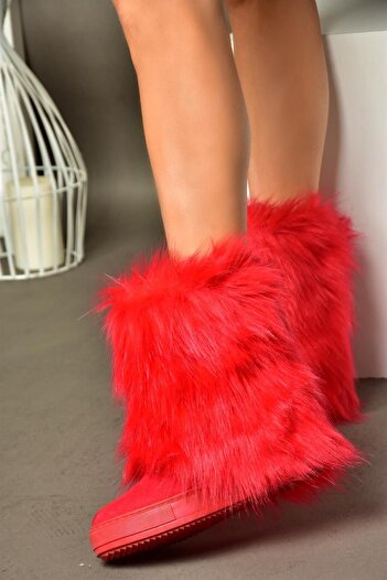 Fox Shoes Red Suede Wedge Heeled Hairy Women's Boots