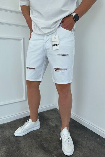 MADZEYMODA White Jean Denim Shorts - Men's Ripped Detail