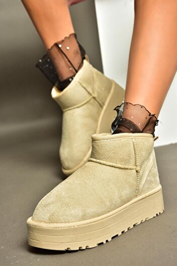 Fox Shoes R612033402 Bej Süet İçi Tüylü Kalın Tabanlı Yarım Kadın Bot