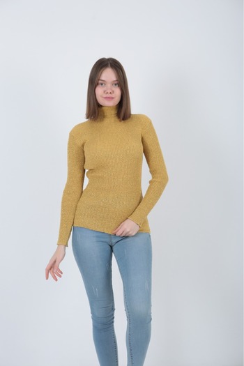 TİGERS Women's Mustard Glitter Knitwear Turtleneck Sweater