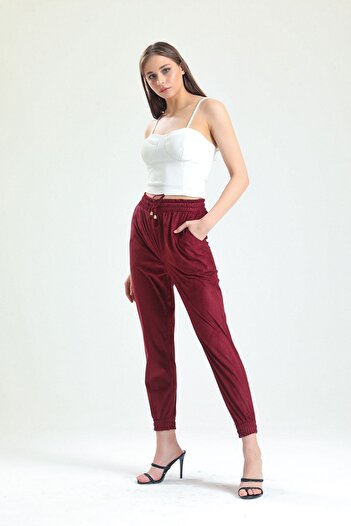 Sense Suede Trousers with Elastic Waist and Legs| Pnt33895 Claret Red