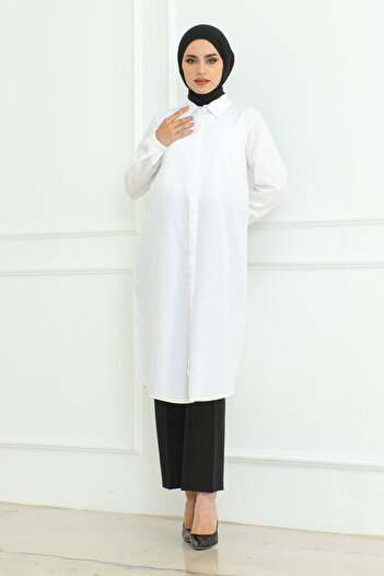 Eliva White Buttoned Collar - Long Sleeve Women's Hijab Tunik