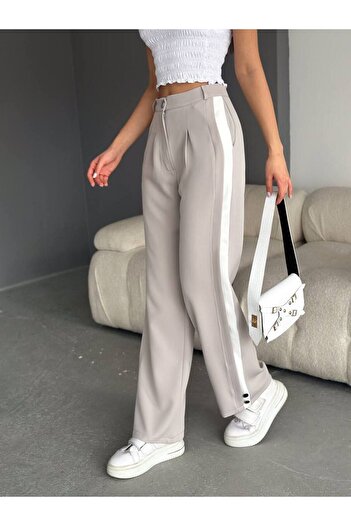 AFA WOMEN'S PALAZZO TROUSERS, BUBBLE COATED TROUSERS WITH WHITE STRIPES ON THE SIDES AND BUTTON DETAIL