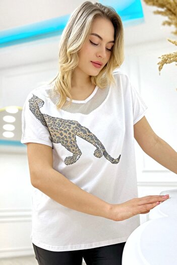 RICH GLAM Comfortable Fit Mesh Detailed Tiger Crystal Stone Plus Size Cotton Women's White T-shirt