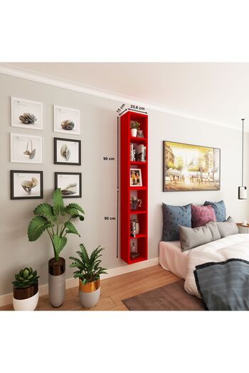 Dekormer Design Kitaplık Dikey Duvar Rafı İkili Birleşik Mobilya Takım Kırmızı