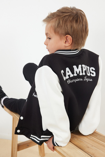 TRENDYOLKIDS Boy's Back Printed Black Bomber Jacket - TKDAW25CE00005