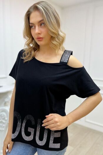 RICH GLAM Large Size Black Crystal Jewelled Strap T-Shirt - Relaxed Fit