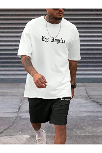 modaberry los Angeles PrinTed minimal T-Shirt and Shorts - WhiTe Black Crew Neck SeT