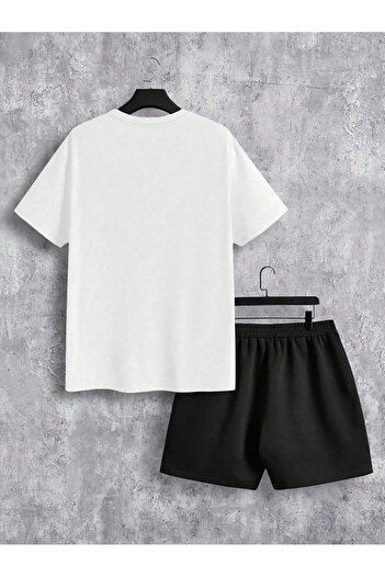 modaberry WhiTe Black Palm Design T-Shirt and Shorts - PrinTed Crew Neck SeT
