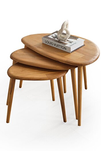 FAVdecor Masif Doğal Ahşap Zigon Sehpa 3'lü Set, Modern Masif Yan Sehpa