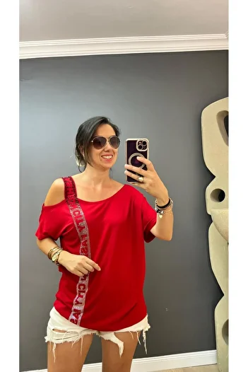 citycenterfashion Plus Size One-Shoulder Stone Detailed City Fashion Blouse - Low Sleeve cty-cnd-06