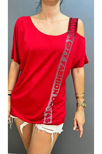 citycenterfashion Plus Size One-Shoulder Stone Detailed City Fashion Blouse - Low Sleeve cty-cnd-06