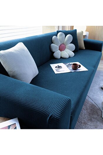 ÖZMAKAN Flexible Stretch and Elastic Square Patterned Three Person Denim Blanket - 1 Piece